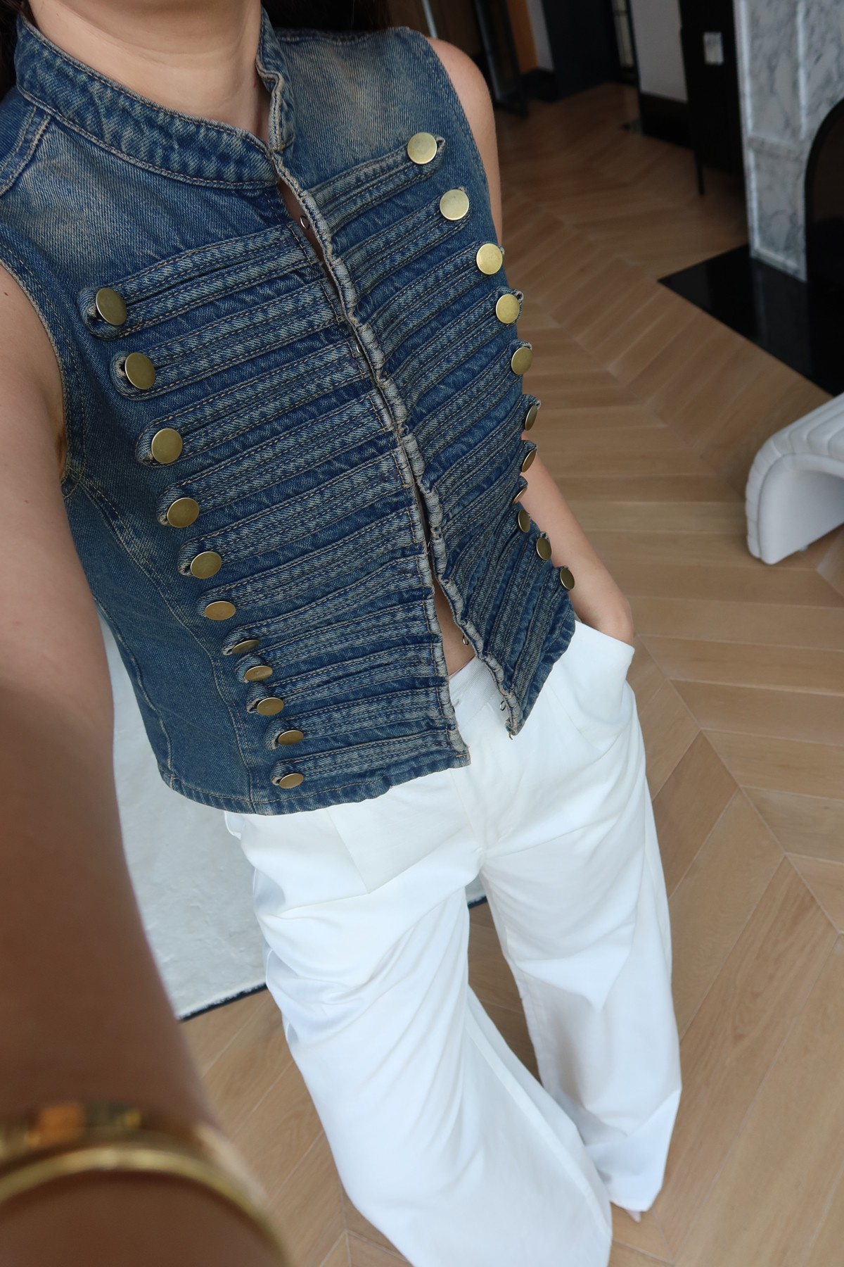 Gold Düğmeli Denim Yelek