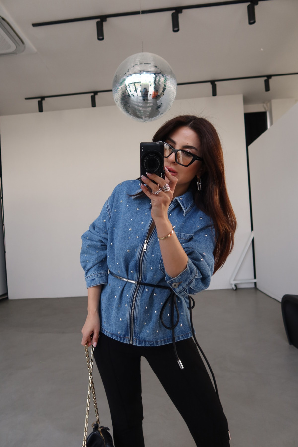 Taş Ve Çakım Basımlı Denim Ceket