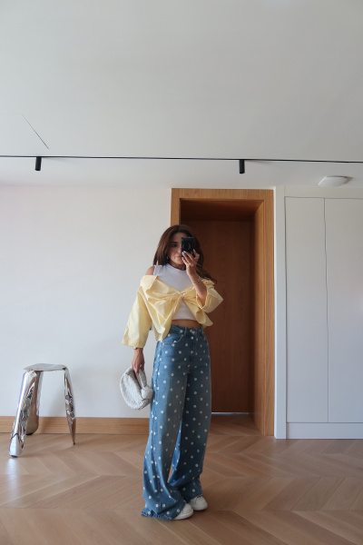 Puantiye Baskılı Wideleg Jean