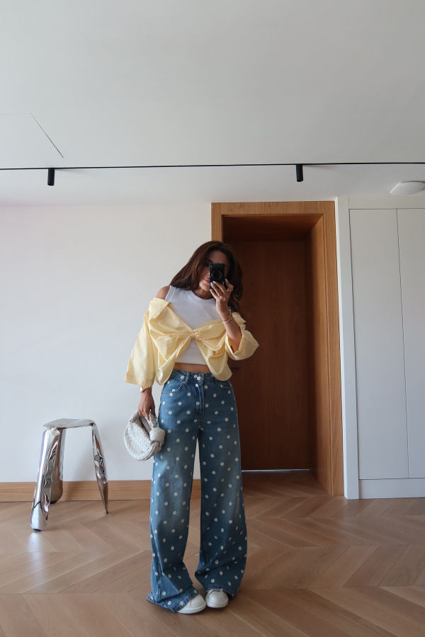 Puantiye Baskılı Wideleg Jean