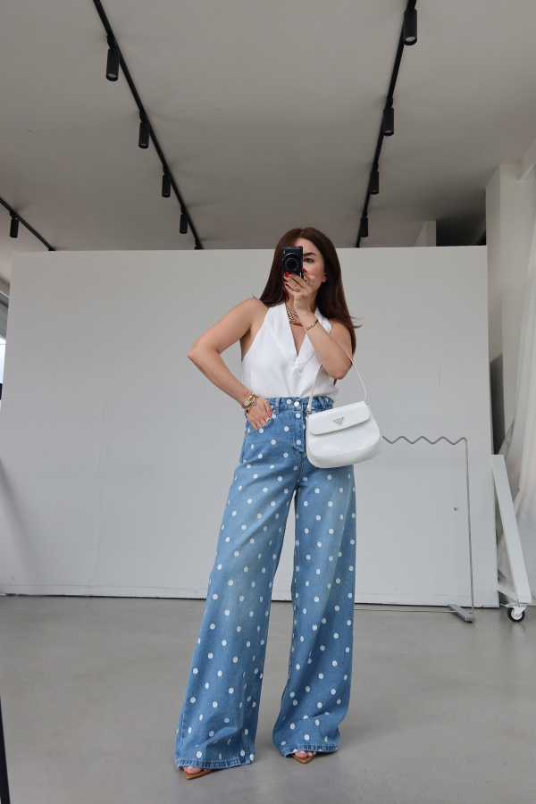 Puantiye Baskılı Wideleg Jean