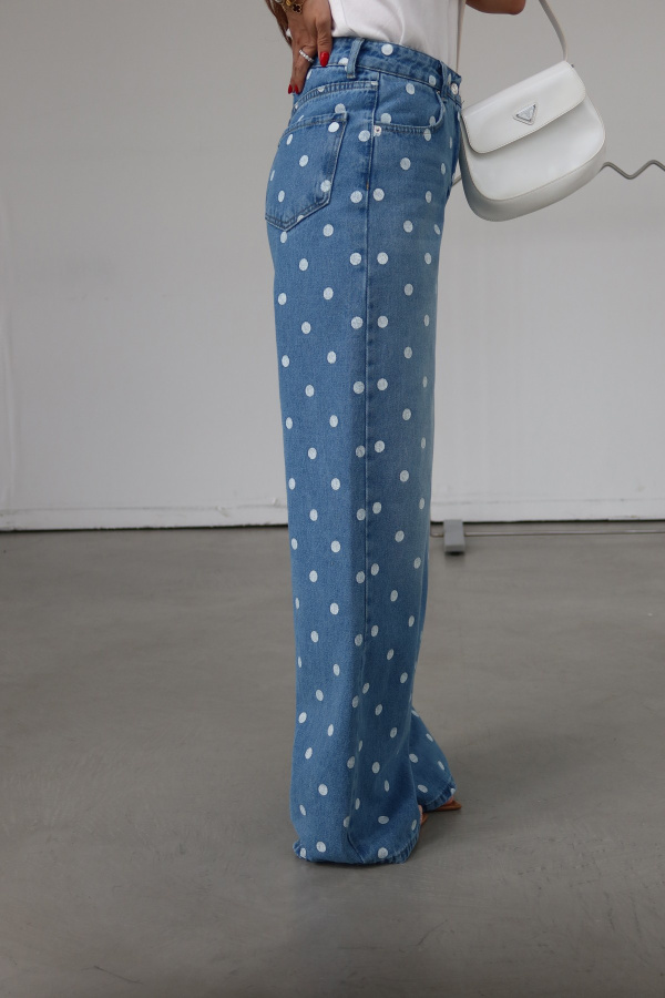 Puantiye Baskılı Wideleg Jean