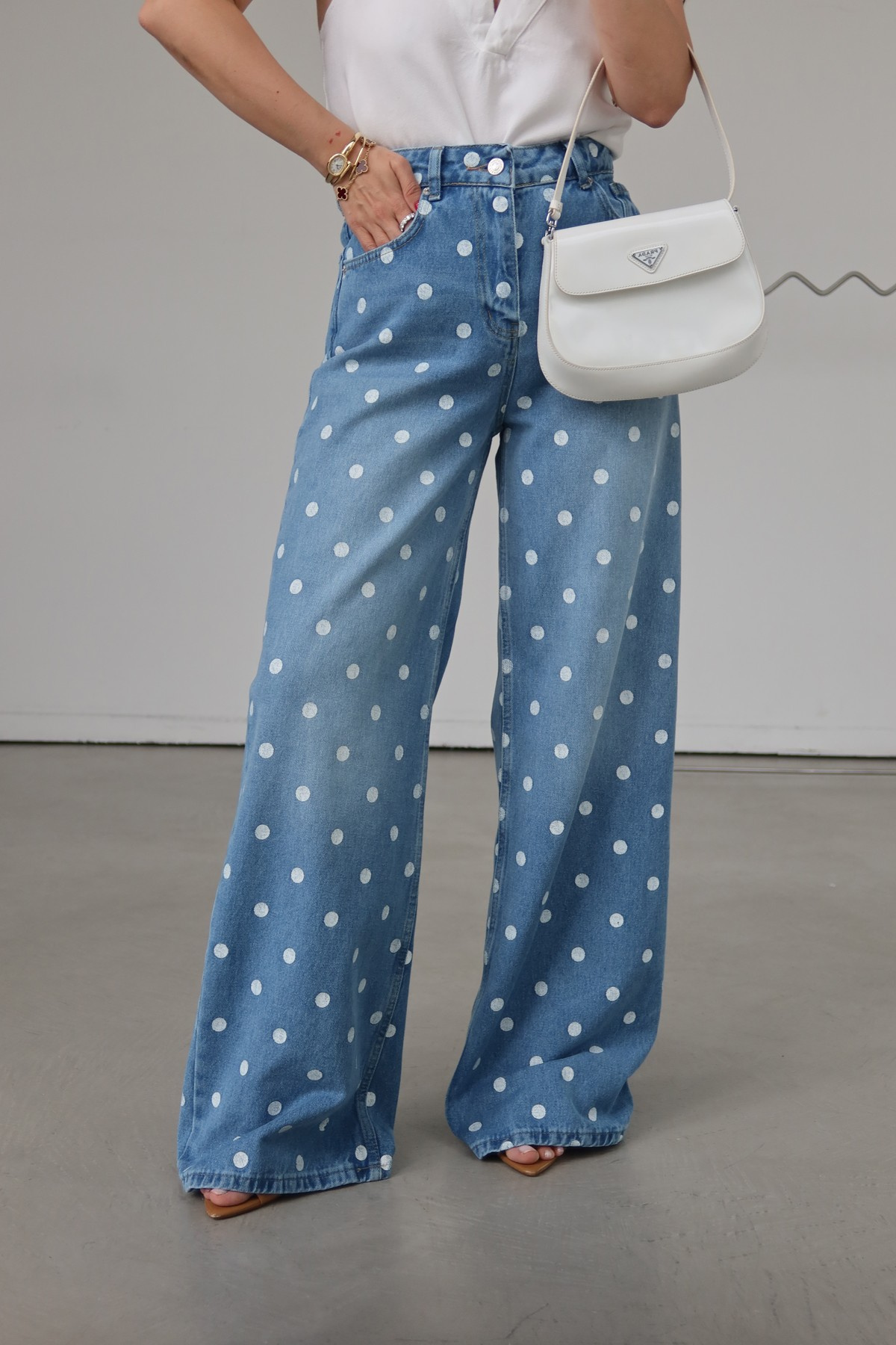 Puantiye Baskılı Wideleg Jean