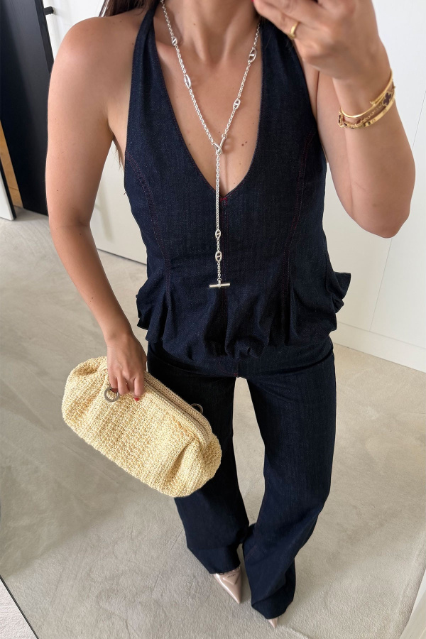 Boyundan Bağlamalı Kontrast Dikişli Denim Bluz