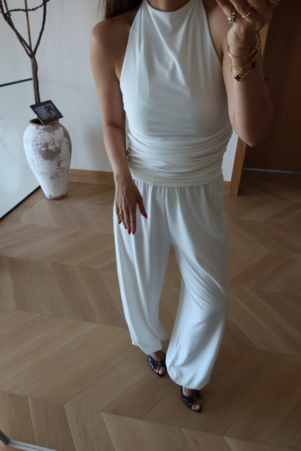 Yanı Büzgülü Boyundan Bağlamalı Bluz Pantolon Takım