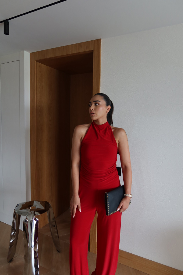 Yanı Büzgülü Boyundan Bağlamalı Bluz Pantolon Takım
