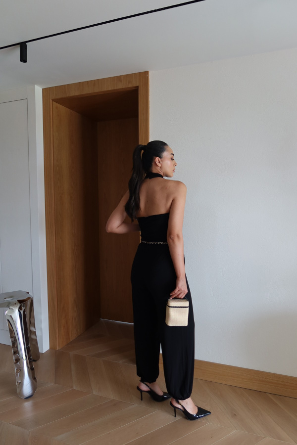 Yanı Büzgülü Boyundan Bağlamalı Bluz Pantolon Takım