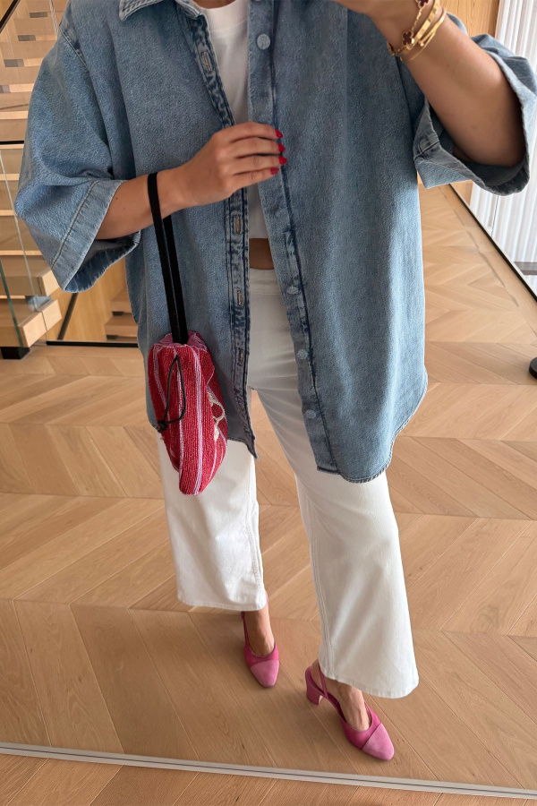 Kapak Düğmeli Oversize Denim Gömlek