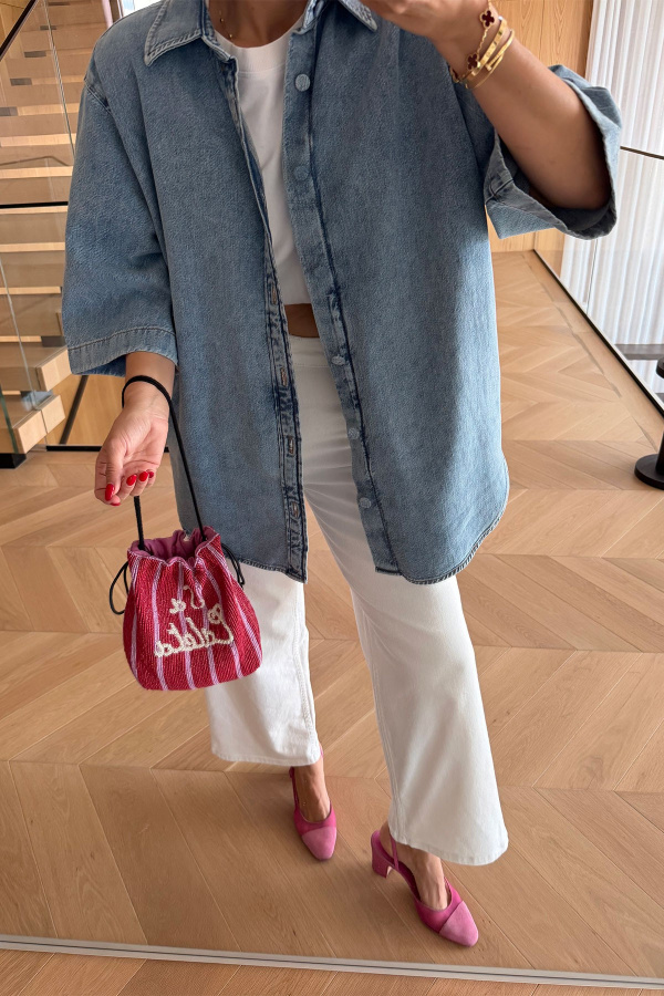 Kapak Düğmeli Oversize Denim Gömlek