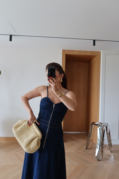 İp Askılı Denim Maxi Elbise
