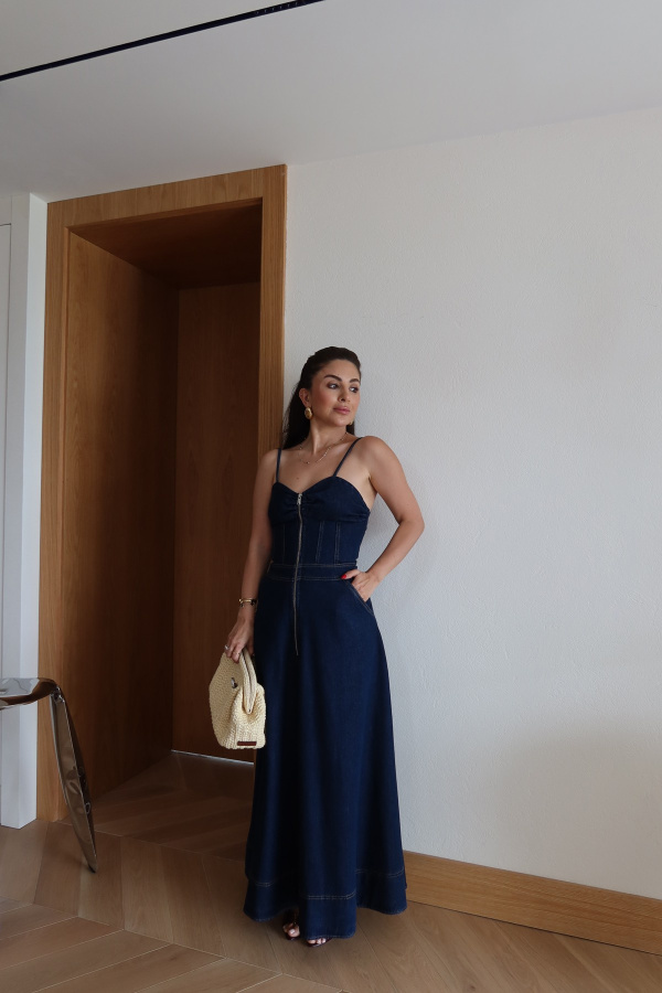 İp Askılı Denim Maxi Elbise