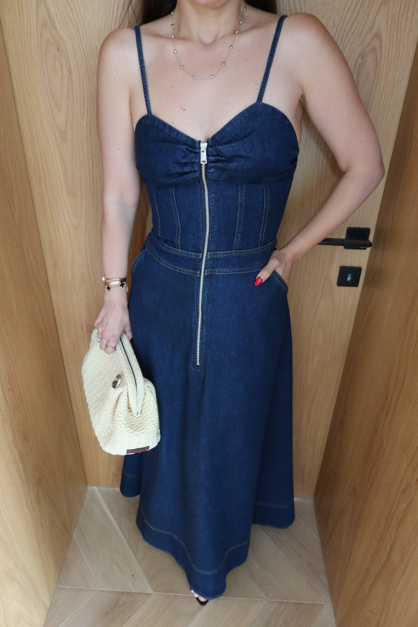 İp Askılı Denim Maxi Elbise