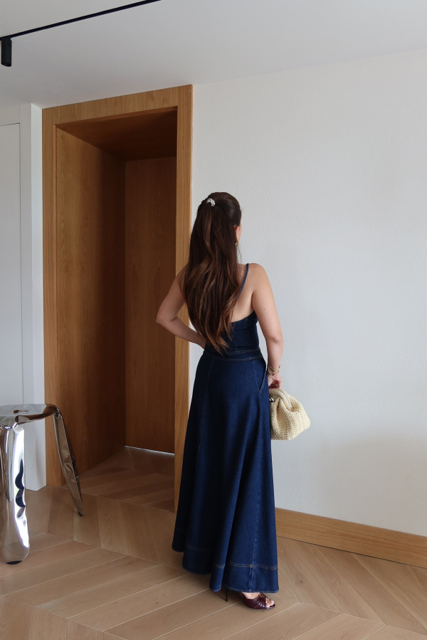 İp Askılı Denim Maxi Elbise