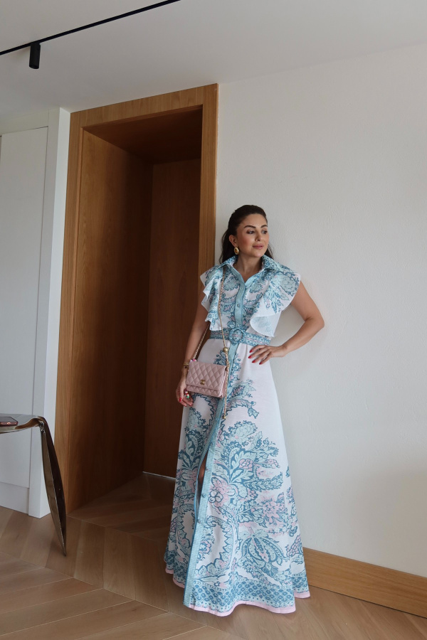 Fırfır Detaylı Desenli Maxi Elbise