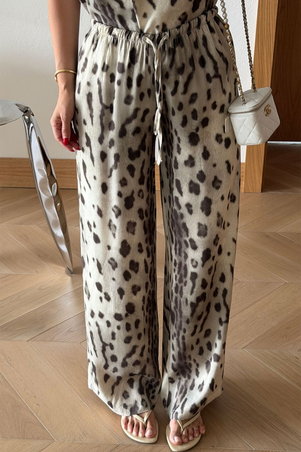 Leopar Desen Saten Bluz Pantolon Takım