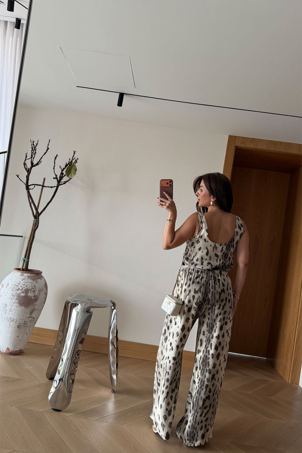 Leopar Desen Saten Bluz Pantolon Takım