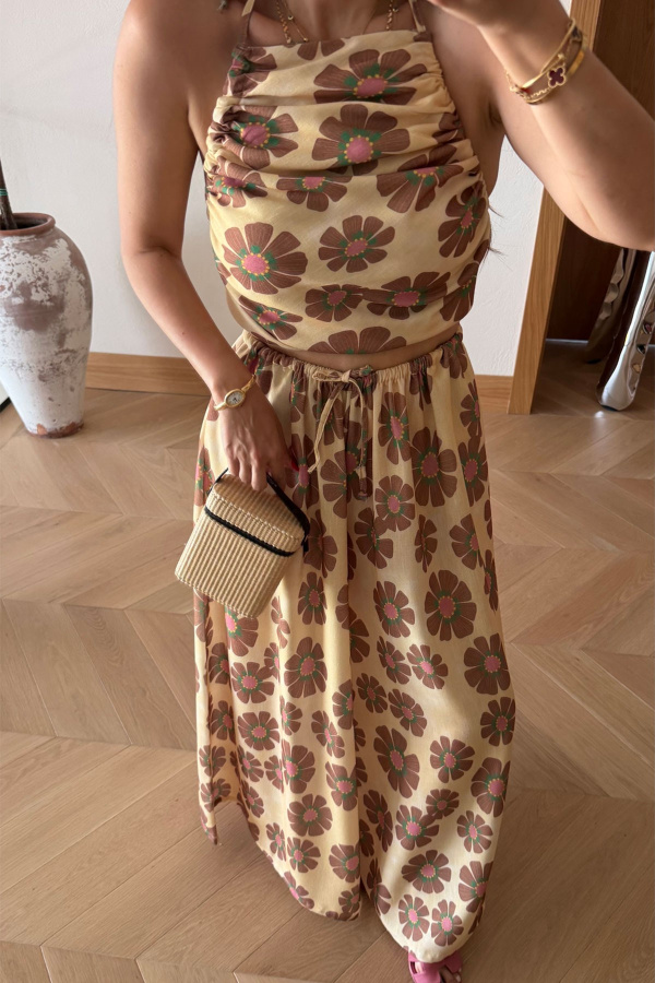 Çiçek Desenli Büstiyer Pantolon Takım