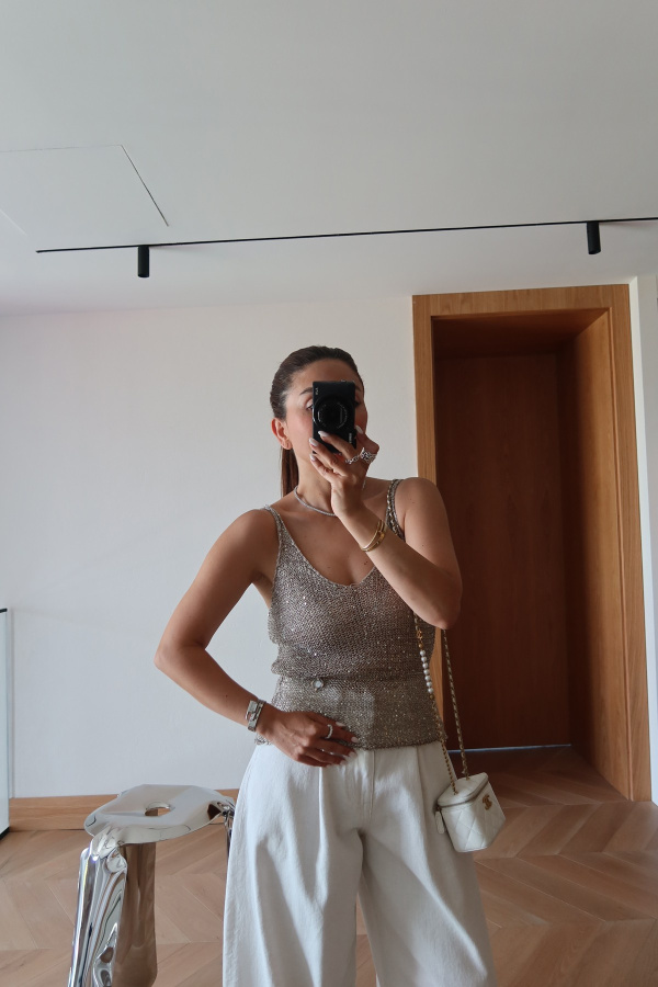 Simli Pullu Triko Bluz