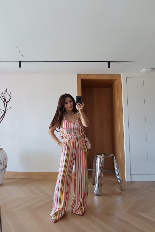 Çizgili Saten Bluz Pantolon Takım