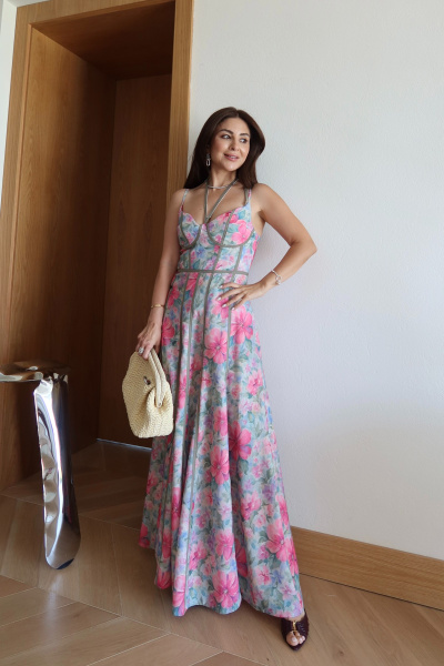 Çiçek Desen Dikiş Detaylı Elbise