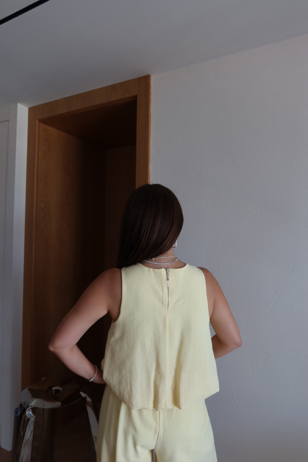 Keten Dokulu Balon Bluz Pantolon Takım