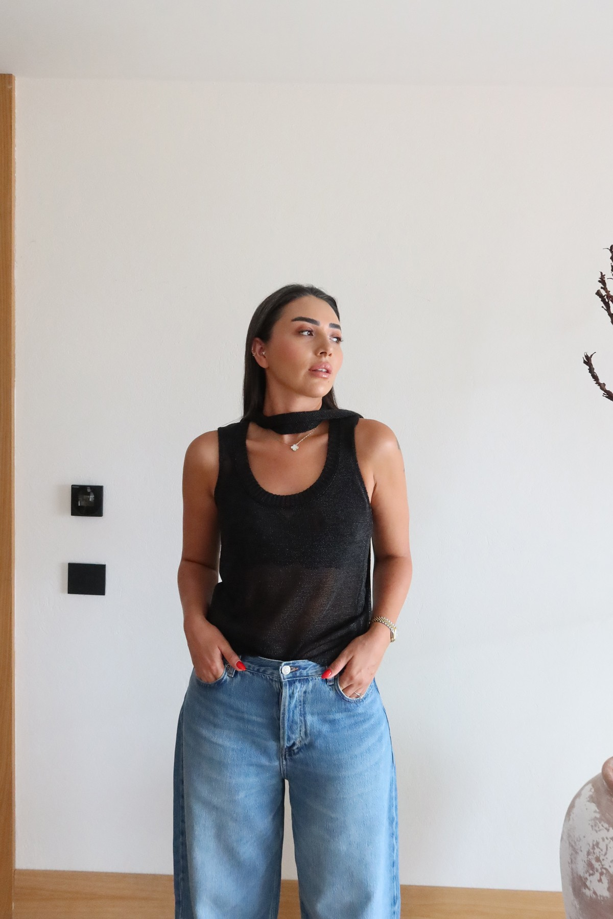 Kendinden Kuşaklı Işıltılı Bluz