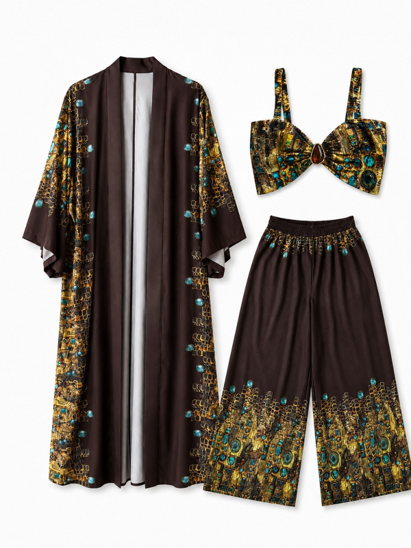 Desenli Kimono Üçlü Takım