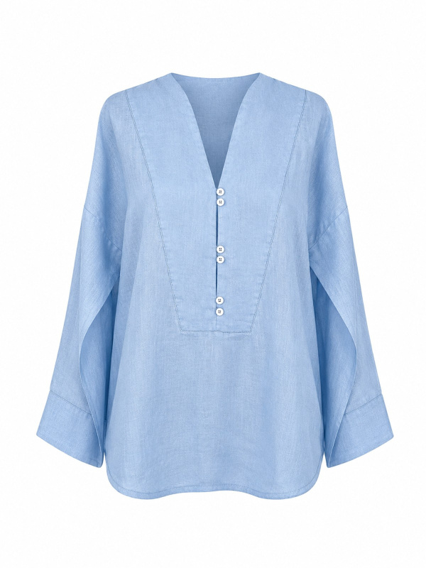 %100 Keten V Yaka Oversize Gömlek