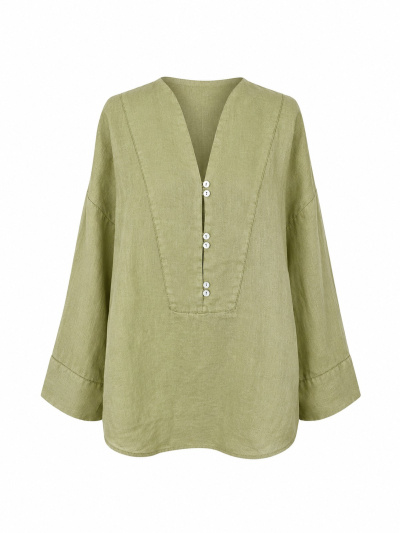 %100 Keten V Yaka Oversize Gömlek