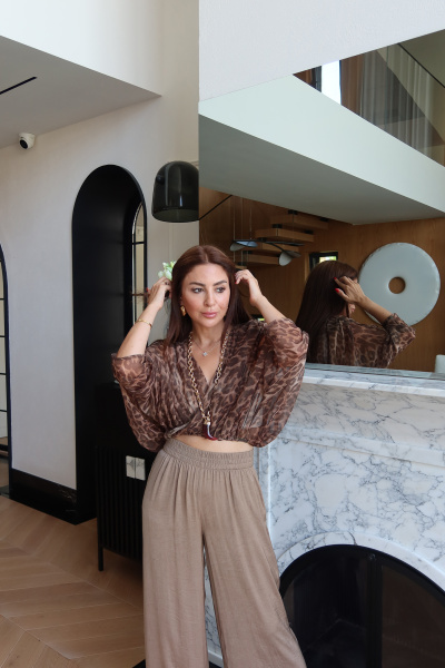 Leopar Desen Omuzu Vatkalı Bluz