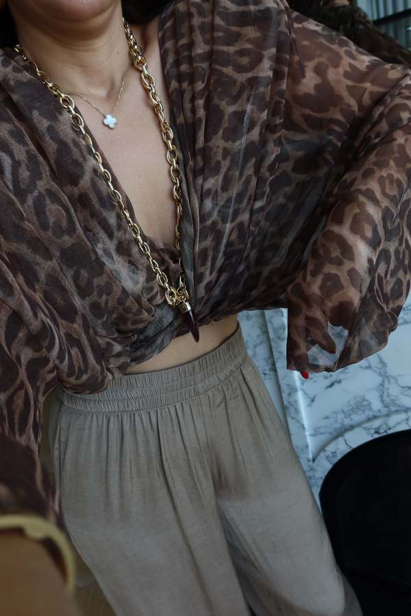 Leopar Desen Omuzu Vatkalı Bluz
