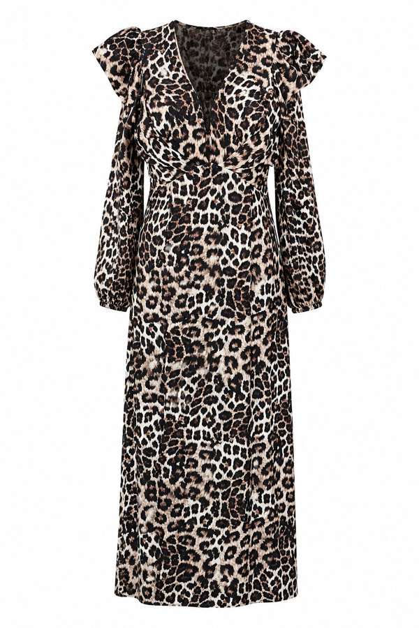 Premium Leopar Desen Uzun Kollu Saten Elbise