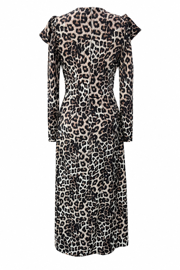 Premium Leopar Desen Uzun Kollu Saten Elbise