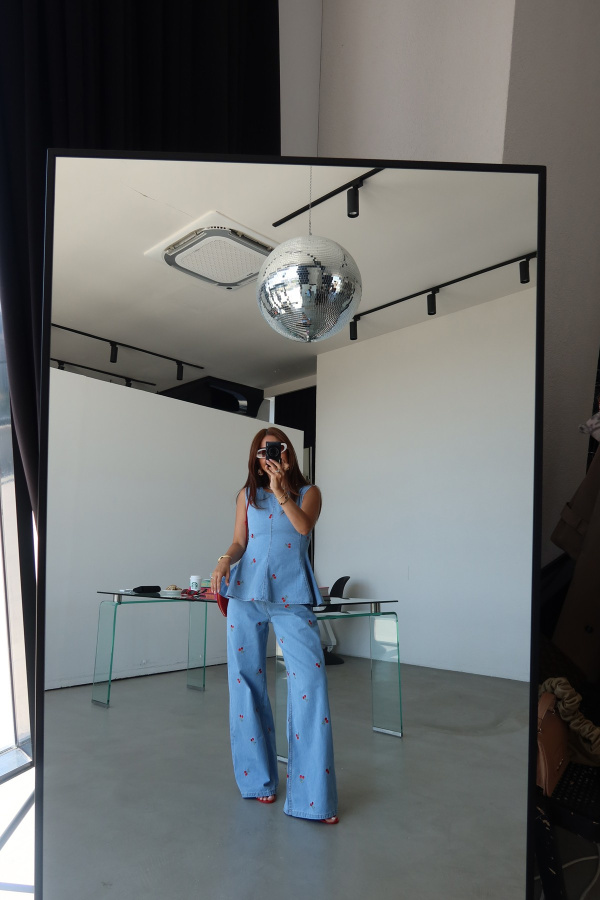 Nakış İşlemeli Denim Bluz Pantolon Takım