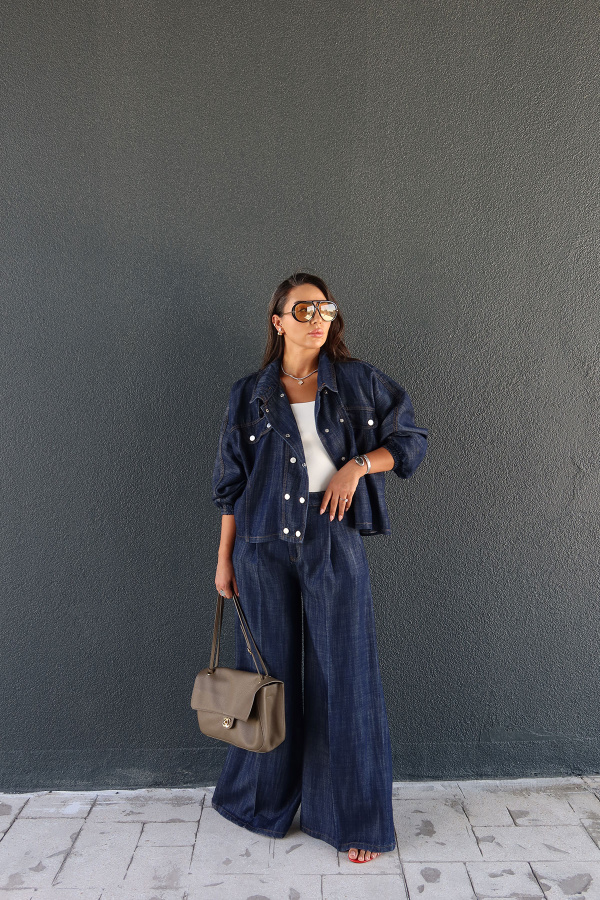 Pileli Geniş Paça Denim Pantolon