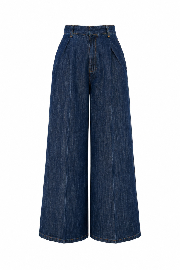 Pileli Geniş Paça Denim Pantolon