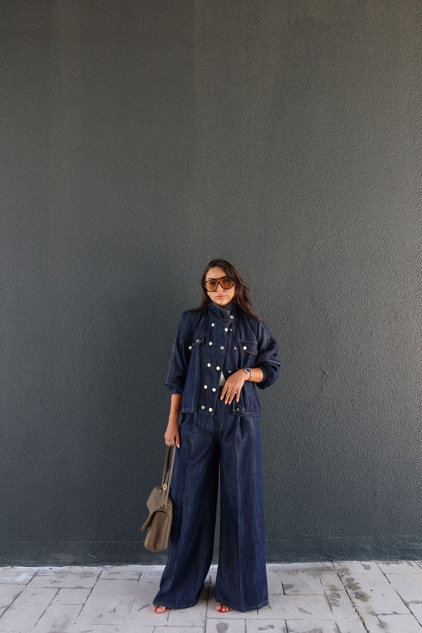 Pileli Geniş Paça Denim Pantolon