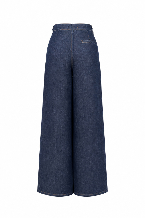 Pileli Geniş Paça Denim Pantolon