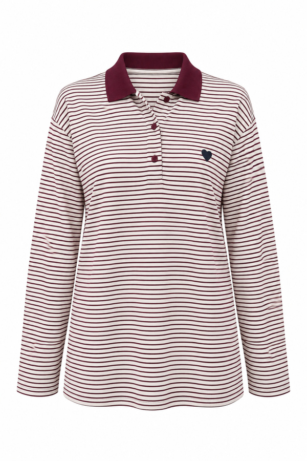 Polo Yaka Çizgili Kalp Nakışlı Sweat