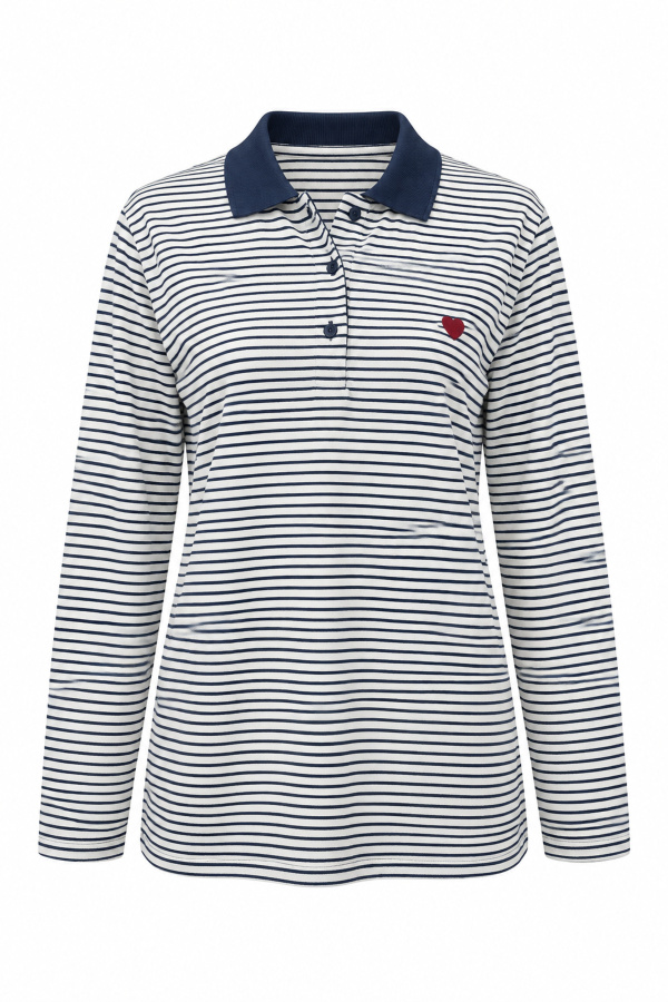 Polo Yaka Çizgili Kalp Nakışlı Sweat