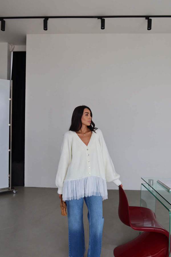 Altı Tül Garnili Oversize Hırka