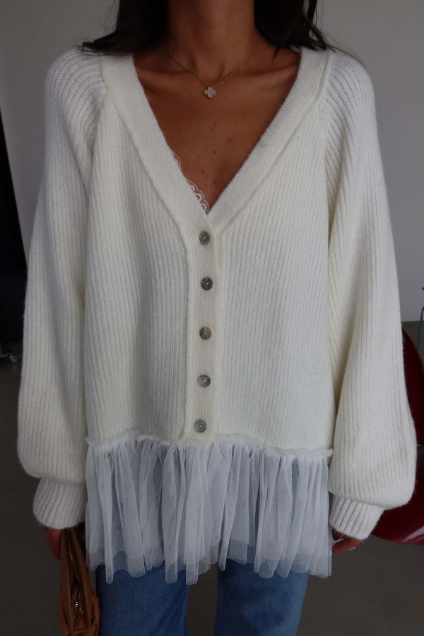 Altı Tül Garnili Oversize Hırka