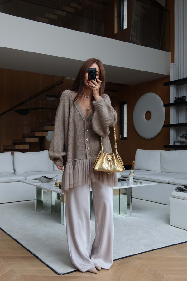 Altı Tül Garnili Oversize Hırka