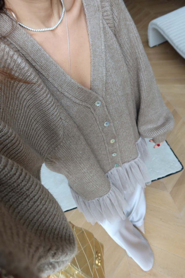 Altı Tül Garnili Oversize Hırka