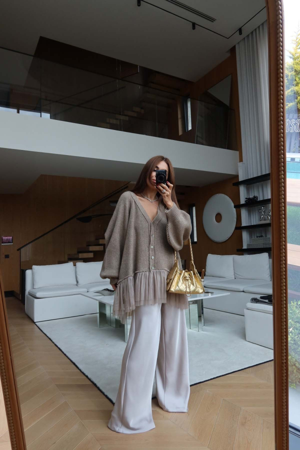 Altı Tül Garnili Oversize Hırka