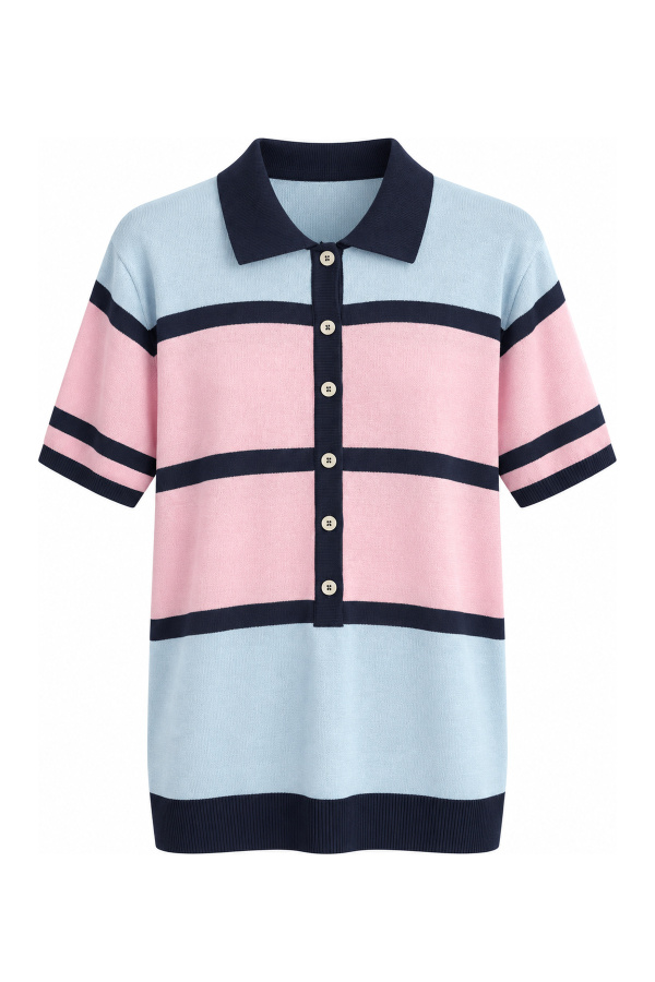 Polo Yaka İki Renk Triko Bluz