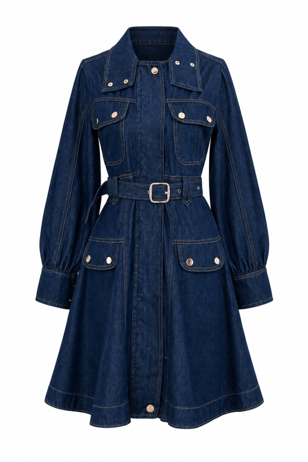 Kontrast Dikişli Gold Düğmeli Denim Elbise