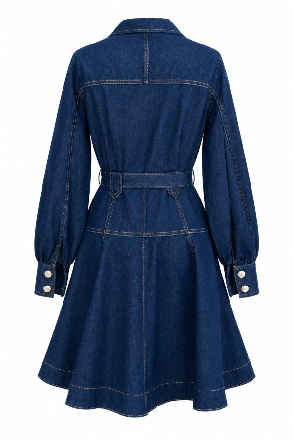 Kontrast Dikişli Gold Düğmeli Denim Elbise