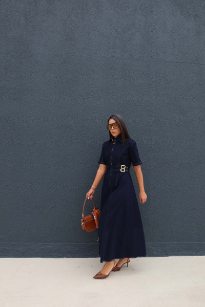 Boydan Fermuarlı Tokalı Denim Elbise