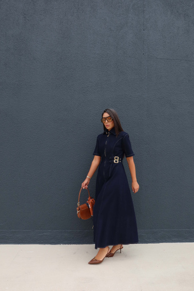 Boydan Fermuarlı Tokalı Denim Elbise